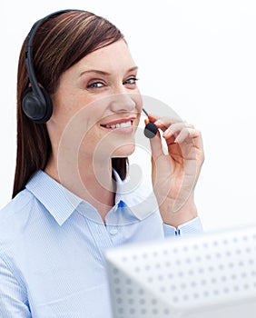 Positive customer service agent with headset on