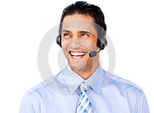 Positive customer service agent with headset on