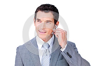 Positive customer service agent using headset