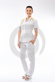 Positive doctor in white and stethoscope