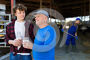 Positive elderly dairy farm owner with teenage grandson tasting fresh milk in cowshed