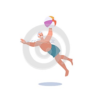 Positive elderly man character swimming in pool with inflatable ball doing aquafit exercise
