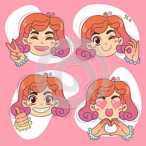 Positive emotions of cute character. Kawaii girl. Hand signs. Vector illustration