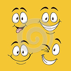 Positive emotions. Happy faces on yellow background, comic eyes brows and mouth, square cards, online emoji collection