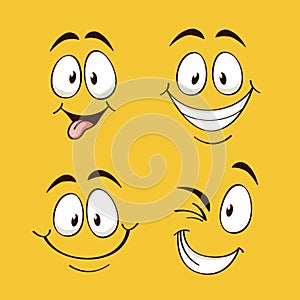 Positive emotions. Happy faces on yellow background, comic eyes brows and mouth, square cards, online emoji collection photo