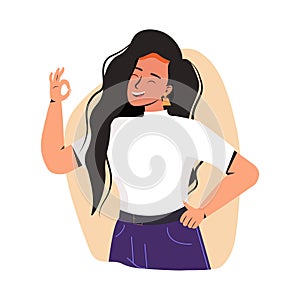 Positive emotions, ok sign and gesture language concept. Young positive woman cartoon character showing agree okay