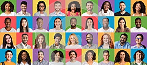 Positive emotions set. Collage of multiracial millennials portraits on different colorful studio backgrounds