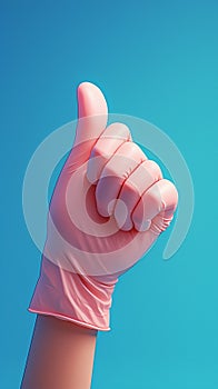 Positive feedback gesture Pink gloved hand showing a like on blue