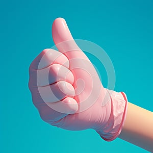 Positive feedback gesture Pink gloved hand showing a like on blue