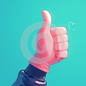 Positive feedback gesture Pink gloved hand showing a like on blue