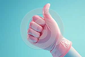 Positive feedback gesture Pink gloved hand showing a like on blue