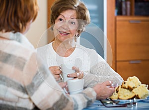 Positive female pensioners drinking coffee and chatting