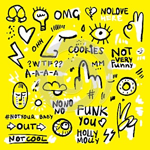 Positive and funny doodle sticker set in black, yellow and white colors. Hand drawn stickers with donut, eye, hearts