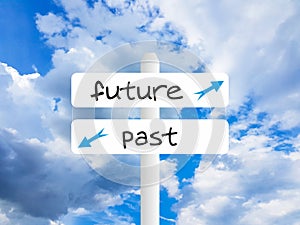 Positive future past text white table and blue sky photo