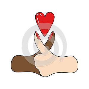 A positive gesture with heart. A dark and light hand is a symbol of friendship. Crossing fingers. Vector isolated. Can be used in