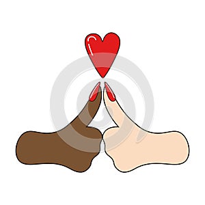 A positive gesture with heart. A dark and light hand is a symbol of friendship. Vector isolated. Crossing fingers. Can be used in