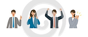 Positive gestured businessman and woman in suits. Different people smiles set photo