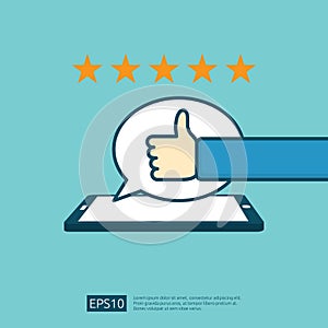 positive good review with hand thumb up symbol on phone social media notification. five stars service or product rate
