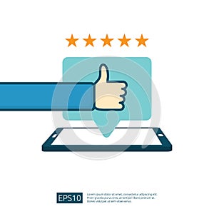 positive good review with hand thumb up symbol on phone social media notification. five stars service or product rate