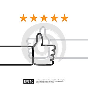 positive good review with hand thumb up symbol on social media. five stars service or product rate recommendation opinion and