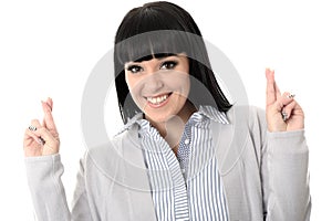 Positive Hopeful Wishful Happy Woman With Fingers Crossed