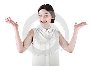 A positive lady. A beautiful young woman isolated on a white background. An excited casual female. A happy girl putting hands up.