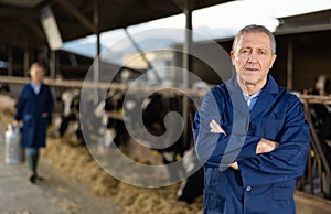 Positive man farmer in cowshed