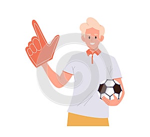 Positive man football fan cartoon character holding soccer ball and foam hand isolated on white
