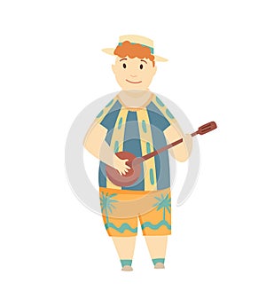 Positive man playing ukulele. Happy Hawaiian boy playing guitar and singing. Can be used for topics like culture