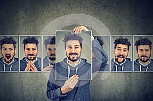 Positive masked man in glasses expressing different emotions