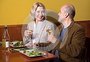 Positive mature couple having dinner at restaurant