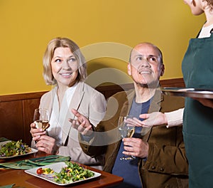 Positive mature couple having dinner at restaurant