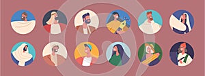 Positive Men and Women Round Icons Set. Smiling Persons in Ancient and Modern Clothes. Cartoon Vector Illustration