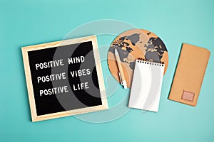 Positive mind, vibes, life motivational quote on the letter board. Inspiration text