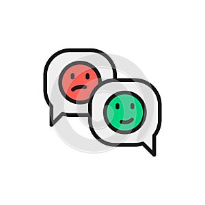 Positive and negative feedback, speech bubble flat color line icon.