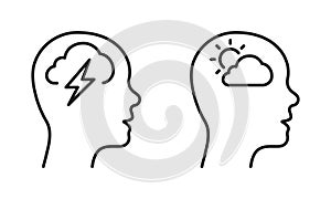 Positive and Negative Thinking Line Icon Set. Human Head with Sad and Good Mood Pictogram. Mental Health, Mind Problem