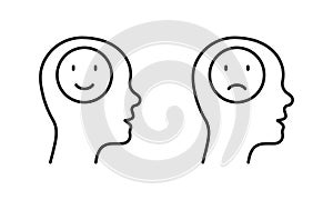 Positive and Negative Thinking Line Icon Set. Smile in Human Head Linear Pictogram. Mental Health, Mind Problem Outline