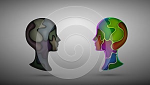 Positive and negative thoughts concept, two man profiles with colored shapes inside, satisfaction and dissatisfaction