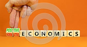 Positive or normative economics symbol. Concept words Positive economics Normative economics on blocks. Beautiful orange