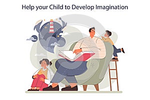 Positive parenting advice. Dad nurturing child's imagination and curiosity