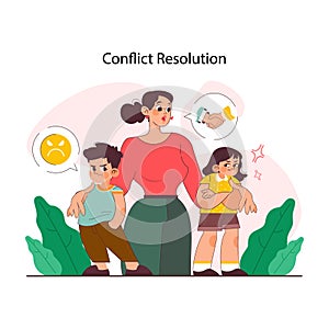 Positive parenting. Conflict resolution. Mother mediate her kids argument.