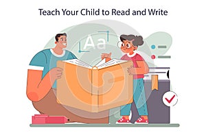 Positive parenting tips. Dad teaches his child to read and write using