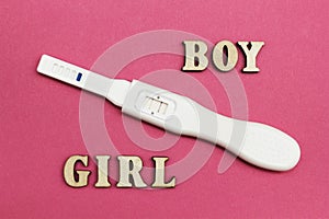 Positive pregnancy test, boy or girl. Pink background