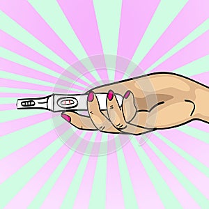 A positive pregnancy test in a womans hand. Show, hold, give, give. Vector of pop art. Comic style