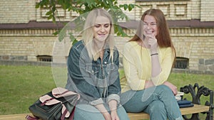 Positive redhead girl whispering on friend`s ear as sitting on bench on university yard. Joyful charming Caucasian