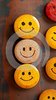 Positive reviews Wooden buttons display smiley faces for customer feedback concept
