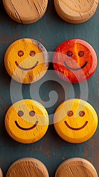 Positive reviews Wooden buttons display smiley faces for customer feedback concept