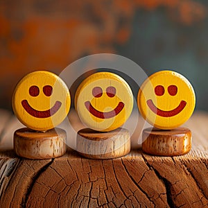 Positive reviews Wooden buttons display smiley faces for customer feedback concept