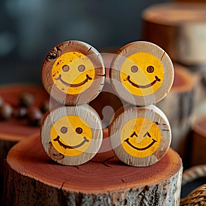 Positive reviews Wooden buttons display smiley faces for customer feedback concept