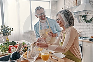 Positive senior couple in aprons